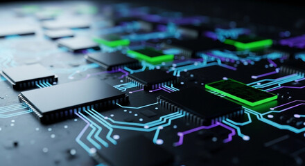 Close up view of a circuit board with chips and glowing blue and purple lines connecting the components