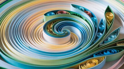 Closeup of a colorful paper quilling art with a swirling design