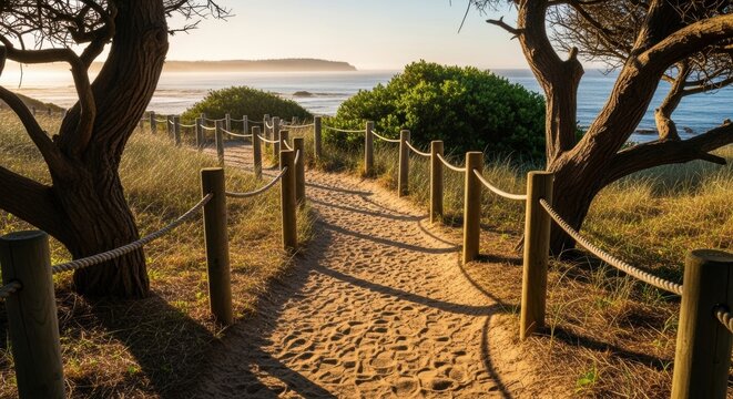 A sandy coastal pathway with a rope fence leading to the sea. Scenic walking trail through sand dunes at golden hour. The concept of a journey and personal growth. Travel destination