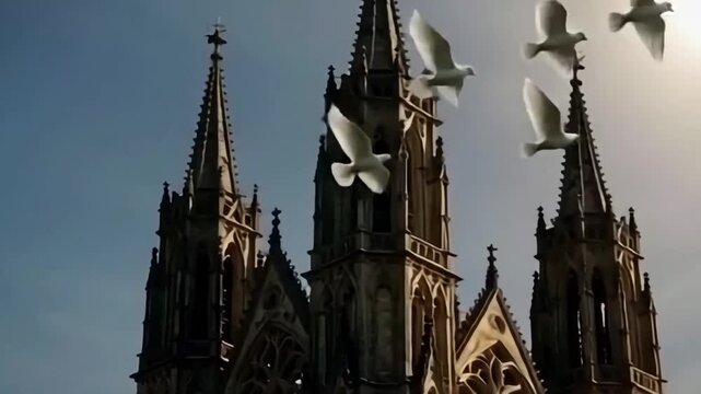 An intricate Gothic cathedral with spires and ornamentation on the shore of a lake with a mysterious atmosphere