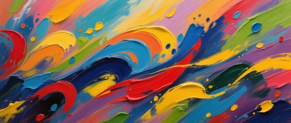 Vibrant abstract painting featuring swirling colors of red, blue, yellow, and green, creating a dynamic visual experience with bold brush strokes and lively textures