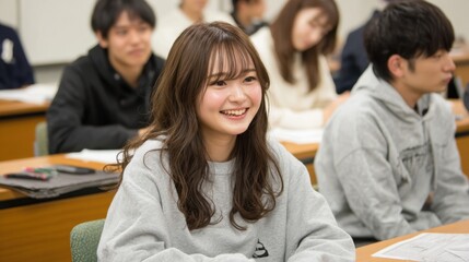 Obraz premium Students sit in a classroom with engaged expressions. A girl in a gray sweatshirt smiles brightly, creating a joyful atmosphere as they focus on the lesson.