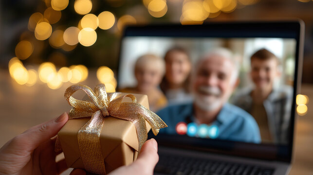 Family video calling distant relatives to open gifts together, virtual, family, gifting, connection, technology, with copy space - Powered by Adobe