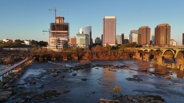 Richmond Virginia skyline and James River sunset view 4K aerial drone video