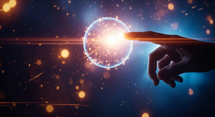 A hand touching a glowing orb with particles in a dark blue and orange abstract background space scene