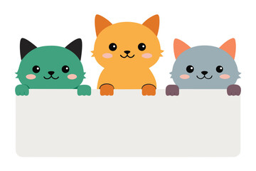 Fototapeta premium Three cute colorful cats are peeking over a white sign with a transparent background