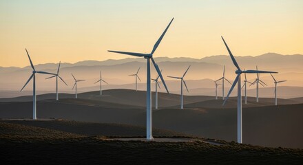 Wind farm turbines on rolling hills at sunset. Renewable energy generation for a sustainable future. Clean electricity production. Green technology and environmental conservation concept