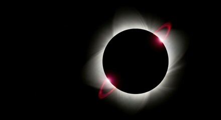 Total solar eclipse with glowing corona and red light flare. Celestial event in deep space. Astronomical phenomenon showing totality. Cosmic concept for science and technology design