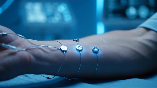 Man arm with sensor on hand. Advanced medical test. Biometric data collecting. Futuristic healthcare diagnostic and scientific research concept.