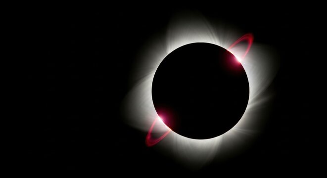 Total solar eclipse with glowing corona and red light flare. Celestial event in deep space. Astronomical phenomenon showing totality. Cosmic concept for science and technology design