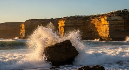 Powerful ocean wave crashing on coastal rock formation. Dramatic sea spray during golden hour sunset. Scenic sandstone cliffs along a rugged coastline. Natural untamed energy concept