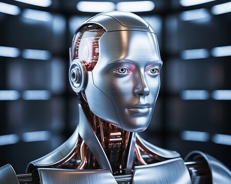 Closeup of a futuristic metallic robot head with glowing red eyes