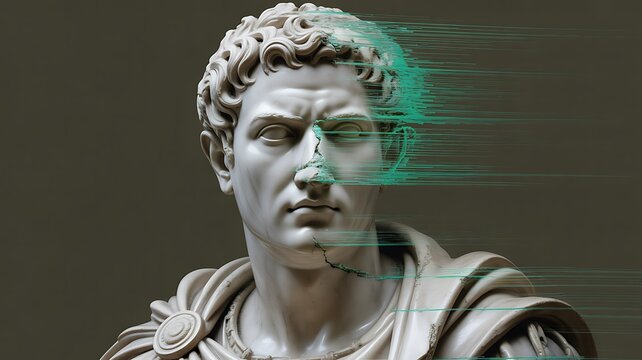 Marble bust of a roman emperor with digital glitch effect - Powered by Adobe