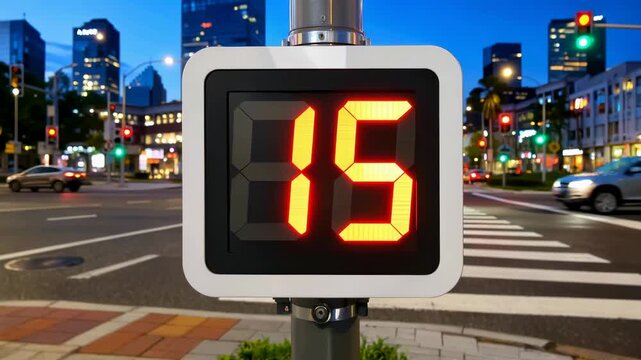 Pedestrian Countdown Timer at Night in a Busy City Intersection.