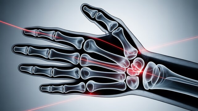 3d rendering of a human hand skeleton with red laser beams