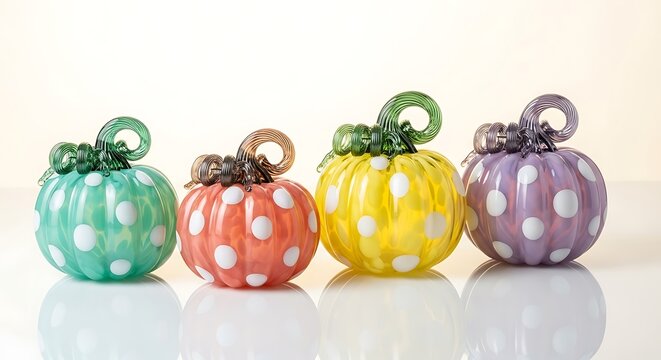 Four colorful polka dot glass pumpkins in pastel shades of green orange yellow and purple with decorative stems sit in a row - Powered by Adobe