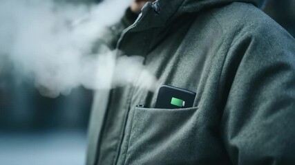 Close up of a winter jacket with a vape device in the pocket, as visible breath highlights the cold temperature. The image captures modern lifestyle trends and vaping culture in wintertime