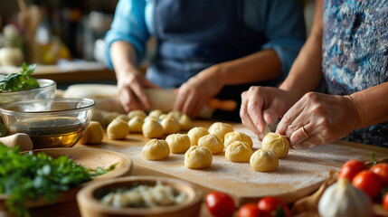 Friends preparing dumplings as a holiday tradition, food, dumplings, cooking together, multicultural, comfort, with copy space