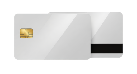 Blank white plastic payment card or smart card template showing front and back, isolated on transparent PNG 4K (सफेद कार्ड)