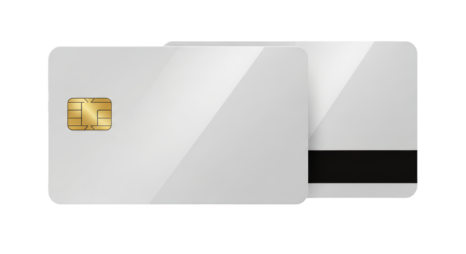 Blank white plastic payment card or smart card template showing front and back, isolated on transparent PNG 4K (सफेद कार्ड) - Powered by Adobe