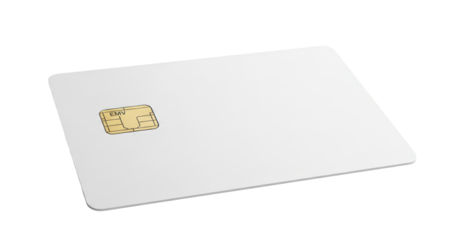 Blank generic white smart card or identity card with a gold chip, isolated on a transparent PNG 4K background (सफेद कार्ड)