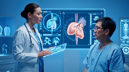 Woman doctor discusses medical report with man patient using futuristic augmented reality interface, showing digital health data and human heart diagram. - Powered by Adobe