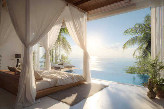 Ocean view bedroom with sheer curtains and tropical surroundings in a sunny beach setting - Powered by Adobe