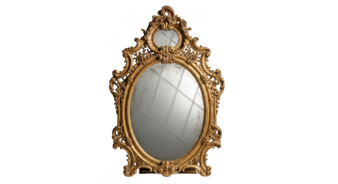 Ornate gilded oval mirror with decorative top and clock