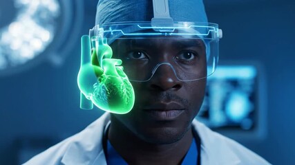 African american man in vr glasses looks at holographic heart. Doctor surgeon using futuristic technology for medical examination. - Powered by Adobe