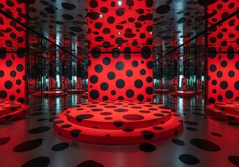 Immersive infinity room with red lights and black polka dots creating a surreal and psychedelic visual experience