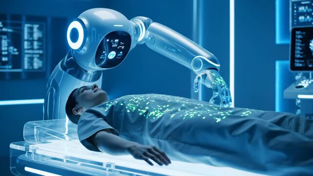 A man receiving futuristic medical examination from a robot in a high-tech hospital. Artificial intelligence diagnosis concept.