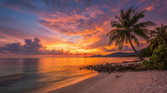 Vibrant colors light up the sky as the sun sets over a peaceful beach. Silhouetted palm trees frame the scene, creating a tropical paradise atmosphere.