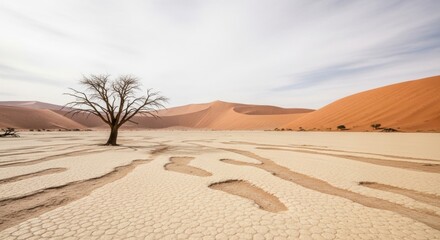 Solitary tree on a cracked clay pan. Vast desert landscape with orange sand dunes. Environmental concept for drought and climate change. Adventure travel destination