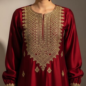 Close up of a woman wearing a rich maroon silk kaftan adorned with intricate golden embroidery on the neckline and sleeves showcasing traditional craftsmanship and luxurious fabric