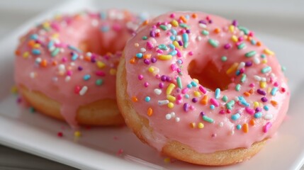 Two delicious donuts with pink frosting and colorful sprinkles are arranged on a white plate. They look fresh and inviting, perfect for a snack or dessert.