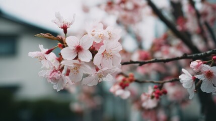 Cherry blossoms are in full bloom on a tree branch in a quiet residential area. The delicate pink flowers signal the arrival of spring with their beauty and fragrance.