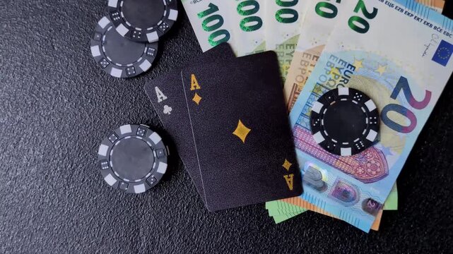 Playing blackjack or baccarat card game in casino with chips, bets and risk. Cards and chips on black felt as background for your design