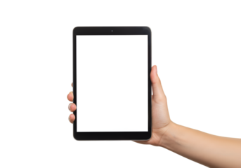 Hand holding a black tablet with a white screen isolated on transparent background