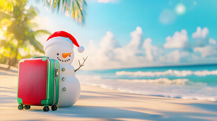 A cute snowman in a Santa hat stands next to a travel suitcase on a tropical beach on a sunny day