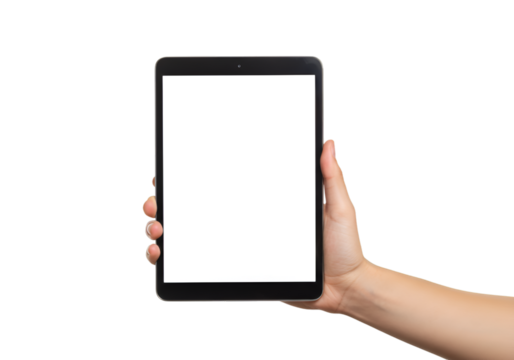 Hand holding a black tablet with a white screen isolated on transparent background