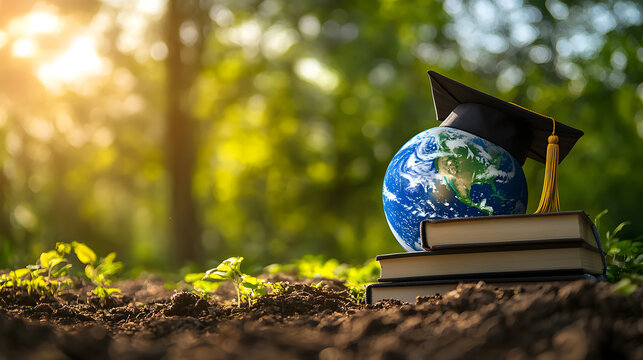 Planet Earth in a graduation cap stands next to a stack of books against a backdrop of trees and a sunny sky