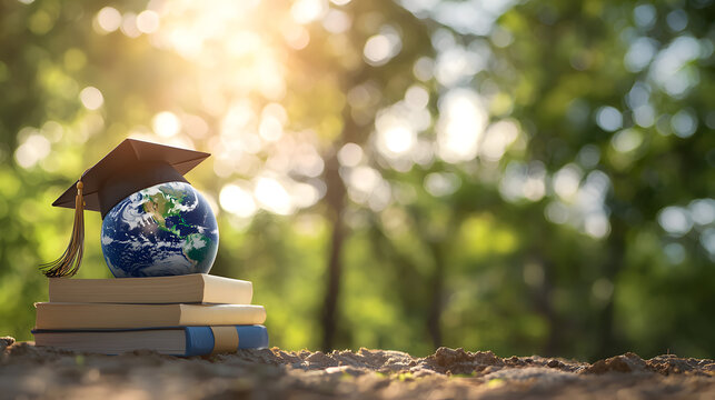 Planet Earth in a graduation cap stands next to a stack of books against a backdrop of trees and a sunny sky
