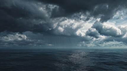 Fototapeta premium Dark clouds fill the sky over a tranquil ocean, signaling an impending storm as rain begins to fall. The scene blends elements of calmness and brewing tension in nature.