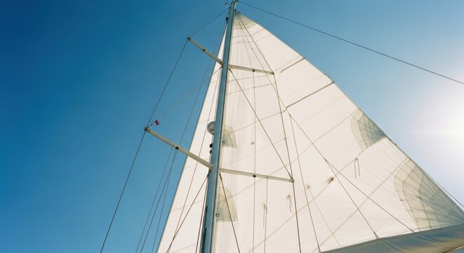 Low angle view of a sailboat mast and white sail. Luxury yachting lifestyle for summer vacation. Marine vessel rigging detail for nautical adventure. Freedom and success concept