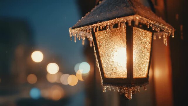 A close up of an old fashioned lantern with ice and icicles hanging from its edges, illuminating a snowy street. The blurred city lights enhance the cozy winter night ambiance