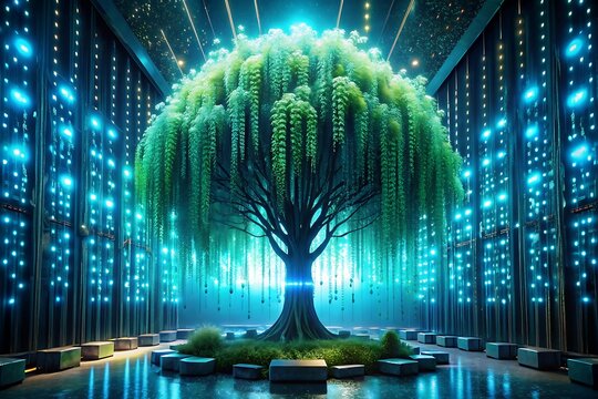 Glowing willow tree in a server room with digital data streams