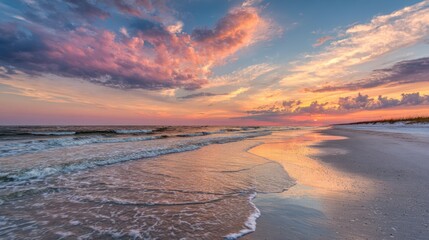 Fototapeta premium Bright, warm sunset paints the sky with pink, orange, and purple hues. Gentle waves lap at the shoreline, creating a serene atmosphere ideal for relaxation.
