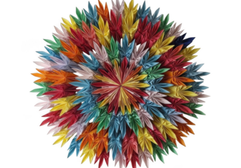 Vibrant radial burst of colorful origami cranes on black background