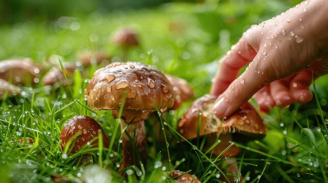 Hand picking brown mushrooms on green grass outdoors, close-up of natural foraging and wild food concept.