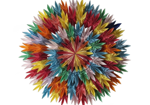 Vibrant radial burst of colorful origami cranes on black background